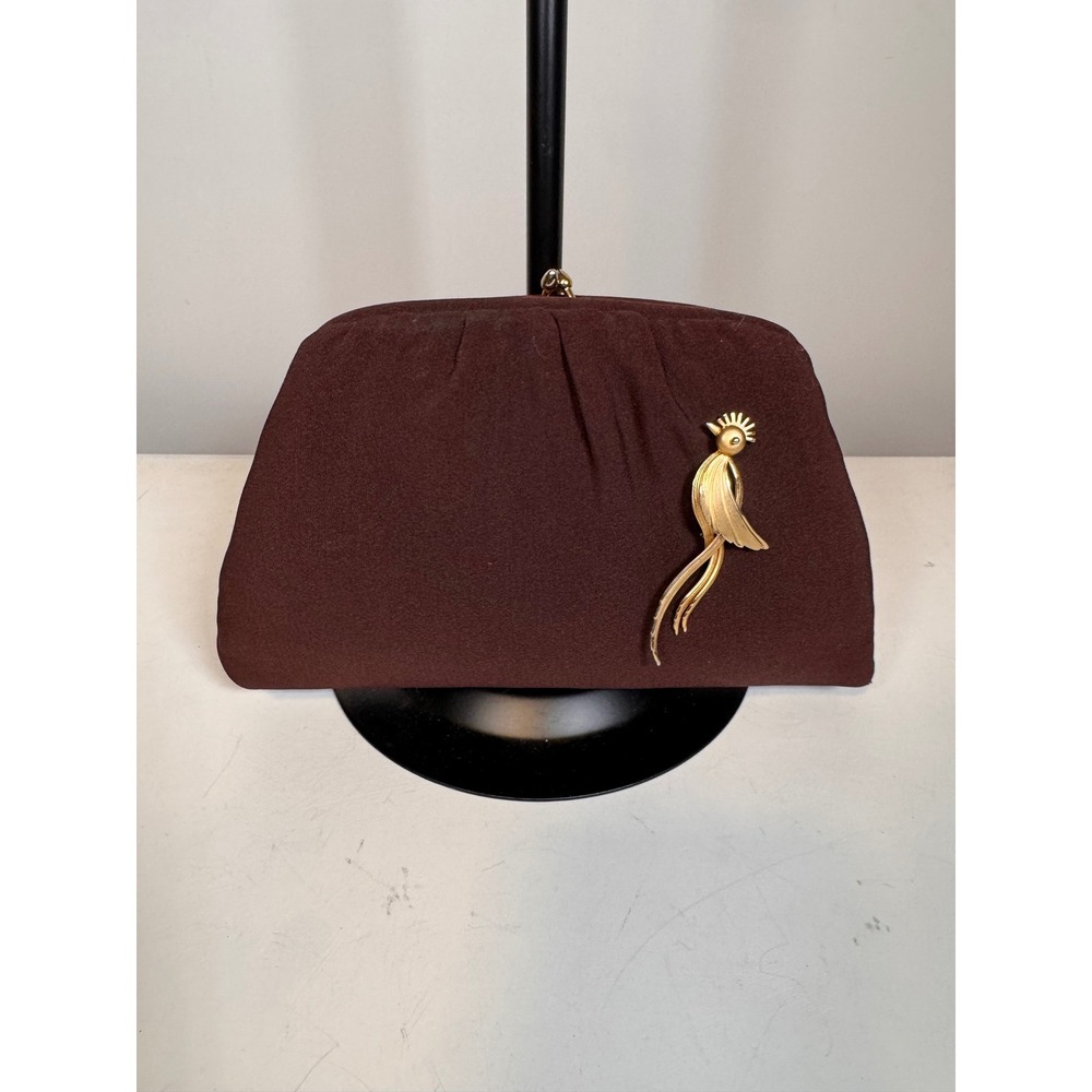 Vintage HL USA Brown Crepe Clutch Bag Gold Bird Brooch Kiss Lock Evening Purse